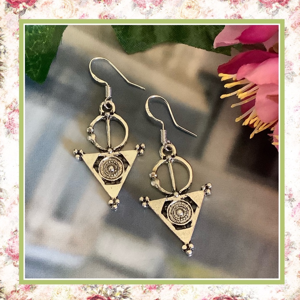 🌸 CELTIC EARRINGS TRIBAL AZTEC DANGLE 925 BOHO CHIC TRIANGLE SILVER BOHEMIAN